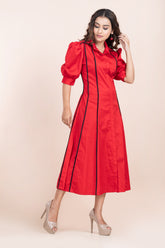 BLACK PIPING RED DRESS